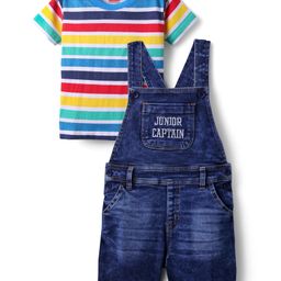Babyhug Single Jersey Denim Dungaree & Half Sleeves Striped T-Shirt with Text Embroidery - Navy Blue-picture-12