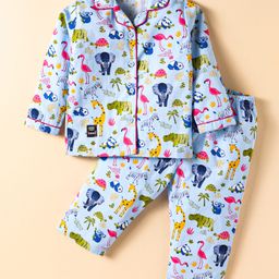 Enfance Core Cotton Woven Full Sleeves Animals Printed Coordinating Night Suit Set - Blue-image-86