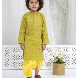 Little Bansi Cotton Woven Full Sleeves Floral Embroidered & Gota Lace Embellished Kurta & Dhoti Set - Green-image-60