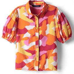 Pine Kids Woven Puff Sleeves Shirt Style Top With Abstract Print - Orange-image-69