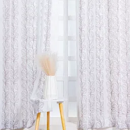 Parda Online Brown & White 2 Pieces Floral Printed Linen Sheer Window Curtains-image-85