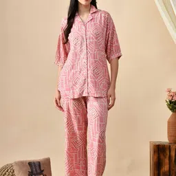 Mintmarie Women Pink Geometric Print Rayon Nightwear Set-picture-22