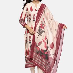 RAJMANDIRFABRICS Floral Printed Mandarin Collar Pure Cotton Kurta With Trousers & Dupatta-picture-31