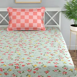 Florida Sea Green & Pink Floral 200 TC Single Bedsheet with 1 Pillow Covers-10