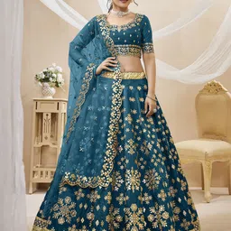 ETHNIC PLUS Embroidered Sequinned Semi-Stitched Lehenga & Unstitched Blouse With Dupatta-image-51