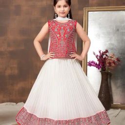 Aarika Kids Red & White Embroidered Lehenga, Choli, Dupatta with Unstiched Sleeves-picture-25