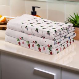 Aura White & Red 3 Pieces Floral Printed Cotton 350 GSM Bath Towels-image-29