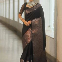 Satrani Black Silk Blend Woven Saree With Unstitched Blouse-picture-21