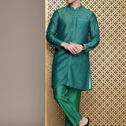 House of Pataudi Floral Printed Mandarin Collar Regular Jashn Kurta with Trousers-picture-8