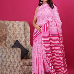 Vanedik Striped Cotton Block Print Saree With Unstitched Blouse Piece image 4