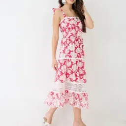Globus Red Flare Fit Floral Print Dress-image-44
