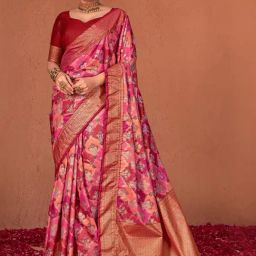 Satrani Pink & Peach Printed Saree With Unstitched Blouse-image-50