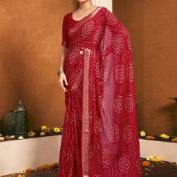 Satrani Red Chiffon Printed Saree With Unstitched Blouse-image-31
