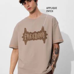 The Souled Store Brown Cotton Loose Fit Patchwork T-Shirt-image-26