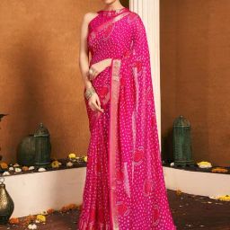 Satrani Pink Chiffon Printed Saree With Unstitched Blouse-image-84