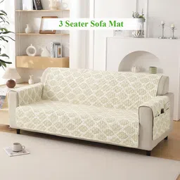 HOKIPO Cream-Coloured & White 3 Seater Printed Quilted Sofa Mat with Pockets-image-89