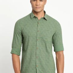 Turtle Green Khadi Slim Fit Printed Shirt-image-35
