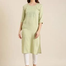 SHOWOFF Sea Green Cotton Embellished Kurta-image-52