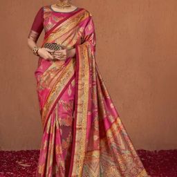 Satrani Pink Printed Saree With Unstitched Blouse-image-74