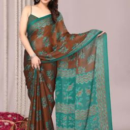 MIRCHI FASHION Brown Block Print Saree with Blouse Piece-picture-30