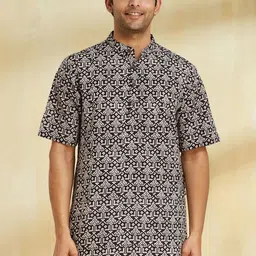 Fabindia Ethnic Motifs Bagh Printed Band Collar Cotton Short Kurta-image-78