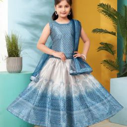 Aarika Kids Turquoise & White Embellished Lehenga, Choli, Dupatta with Unstiched Sleeves-image-112