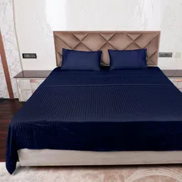 AJISH Blue Striped 300 TC Queen Bedsheet with 2 Pillow Covers-18