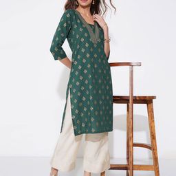 RANGMANCH BY PANTALOONS Floral Embroidered Thread Work Pure Cotton Straight Kurta-picture-29