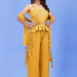 PARROT CREATION Women Embroidered Regular Sequinned Kurti with Sharara & With Dupatta-19