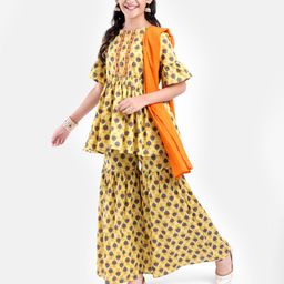 Pine Kids Printed Three Fourth Sleeves Kurti & Sharara Set With Dupatta- Yellow-image-33