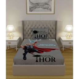 Marvel Avengers Single Cotton Bedsheet With Pillow Cover Thor Print - Grey-image-29
