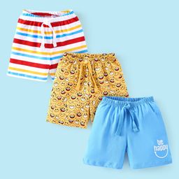 Babyhug Cotton Mid Thigh Length Shorts Printed Emoji & Text Print Pack Of 3 - Red Yellow & Blue-image-59