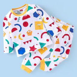 Babyhug Cotton Knit Full Sleeves Night Suit With Shapes Print - White-image-11