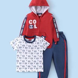 Babyhug Cotton Knit Half Sleeves T-Shirt & Lounge Pant Set with Hoodie Panda Print - Red White & Blue-picture-22