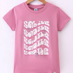Teddy Sinker Knit Half Sleeves T-Shirt with Text Print - Pink-6