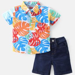 Babyhug Cotton Knit Half Sleeves Tropical Printed Shirt & Denim Shorts Set - Multicolor-image-29