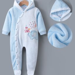 Kookie Kids Full Sleeves Footed Hooded Winter Wear Romper with Elephant Embroidery - Blue-image-97