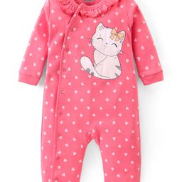 Babyhug Interlock 100% Cotton Knit Full Sleeves Full Length Romper With Frill Detailing & Kitten Print - Pink-image-39