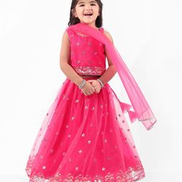 Babyhug Sleeves Sequined Embroidered Choli Lehenga Set with Net Dupatta - Dark Pink-image-31