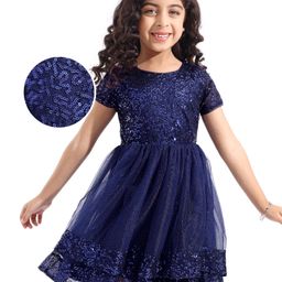 Hola Bonita Half Sleeves Tired Party Frock With Sequin Mesh Detailing - Navy Blue-picture-21