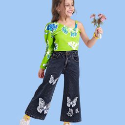Ollington St. Cotton Lycra Full Sleeves Top & Denim Pants With Butterfly Print - Lime & Black-image-91