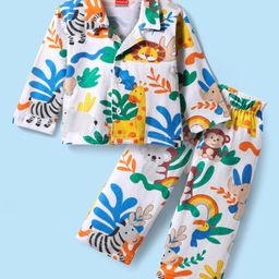 Babyhug Cotton Knit Full Sleeves Front Open Co-ords Night Suit with Animal Print - White-image-2