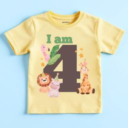 KNITROOT Birthday Theme Half Sleeves I Am 4 Year Text Printed Tee - Yellow-image-80