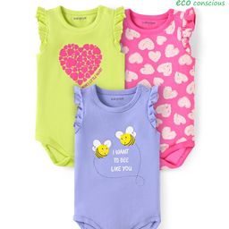 Babyoye 100% Cotton With Eco Jiva Finish Sleeveless Onesies with Heart & Bee Print Pack Of 3 - Pink & Lavender-image-39