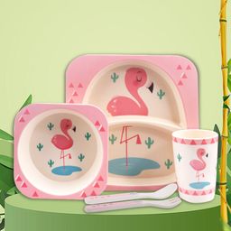 Tony Stark Bamboo Baby Feeding Set - 5-Piece Tableware for Toddlers, Kids & Babies Includes Plate, Bowl, Cup, Spoon, Fork - BPA-Free, Eco-Friendly |Organic & Natural (Flamingo)-5