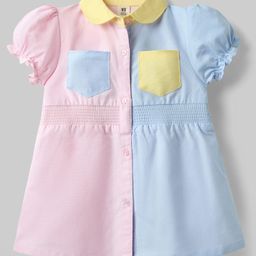 ToffyHouse Cotton Woven Half Puffed Sleeves Solid Color Collared Frock - Light Blue & Pink-image-66
