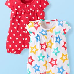 Babyhug 100% Cotton Knit Half Sleeves Front Open Romper with Polka Dots & Stars Print Pack of 2 - Red & White-image-61