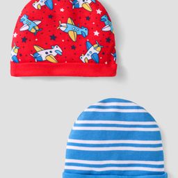 Babyhug 100% Cotton Cap with Stripes & Airplane Print Pack of 2 - Blue & Red-image-90