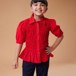 MASTARANG Half Puffed Sleeves Textured Shirt Style Top - Red-image-77