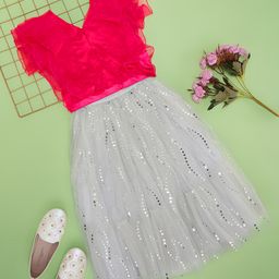 Pantaloons Junior Sleeveless Frill Detailed Top With Sequin Embellished Skirt - Pink-image-11